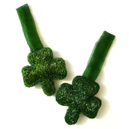 "PAIR SMALL GREEN FULLY BEADED IRISH SHAMROCK ORNAMENTS CHRISTMAS DECORATION"