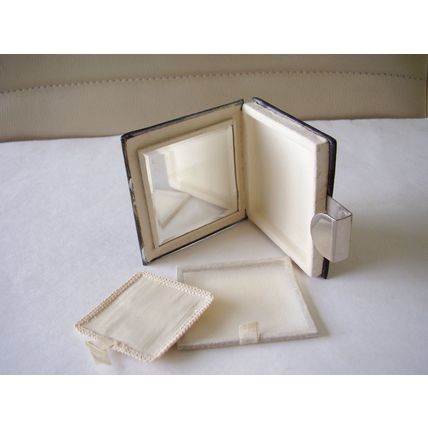 Art Deco Square Powder Compact Embroidered Vintage Needlepoint Black Grosgrain