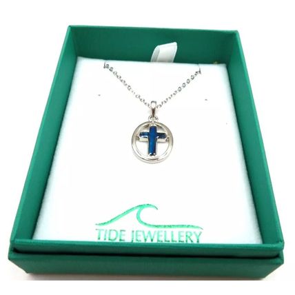 Cross in an Oval Pendant Blue Paua Shell on a Necklace Gift Christian Boxed