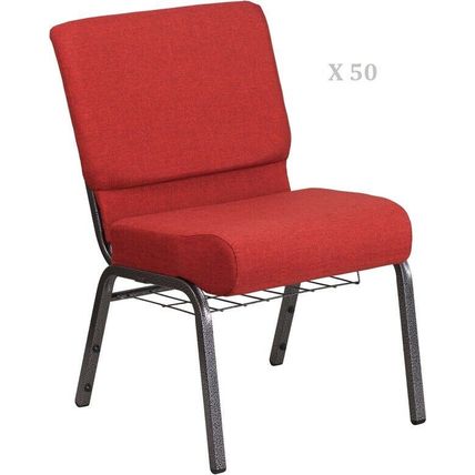 50x Crimson Red 21'' Wide Church Chairs Silver Frame Book Rack 4” Seat Cushion