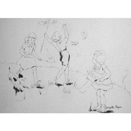 Georgette Pique sketch - Children catching butterflies - 20x13"