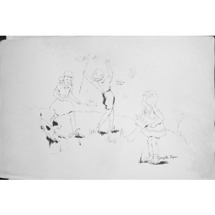 Georgette Pique sketch - Children catching butterflies - 20x13"