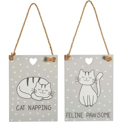 Funny Cat Wooden Hanging Signs Pair of Humorous Feline Grey Plaques
