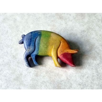 Vintage Celluloid Rainbow Pig Brooch, Antique Collectible Jewellery