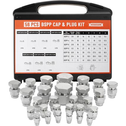56 Pcs BSPP Cap and Plug Kit, Hydraulic Cap and Plug Kit with Precision Threadin