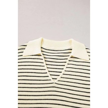 Beige Stripe Turn-down V Neck Sweater Tank Top