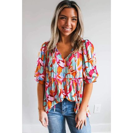 Rose Red Abstract Print Drawstring V Neck Half Sleeve Blouse