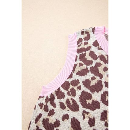Brown Leopard Pattern Contrast Ribbed Trim Sweater Vest