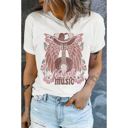 White Nashville Music Cowboy Hat Guitar Graphic Tee