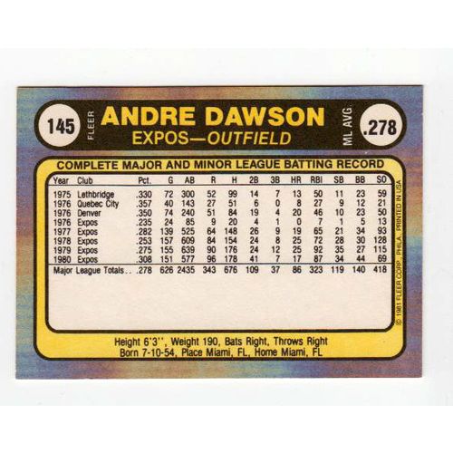 1981 Fleer Andre Dawson baseball card #145-NM-HOF- Expos