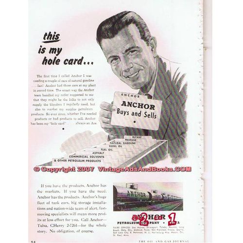 ANCHOR PETROLEUM COMPANY 1955 hole card storage tank cars vintage ad