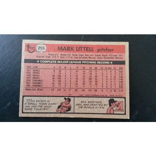 1981 Topps Card # 255 Mark Littell Very Good-Excellent (4) St Louis Cardinals