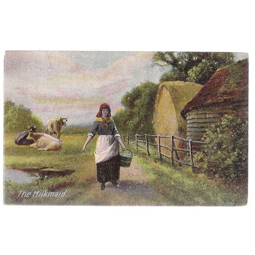 THE MILKMAID, painting by J.W.G unused vintage postcard by J.W.B. =