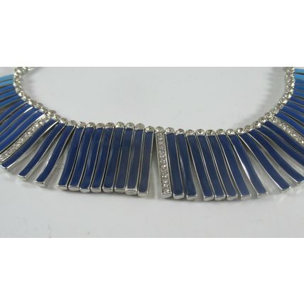 Tri Color Blue Enamel Crystal Bib Silver Necklace