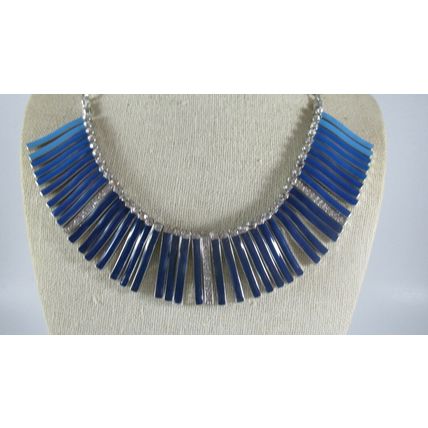 Tri Color Blue Enamel Crystal Bib Silver Necklace