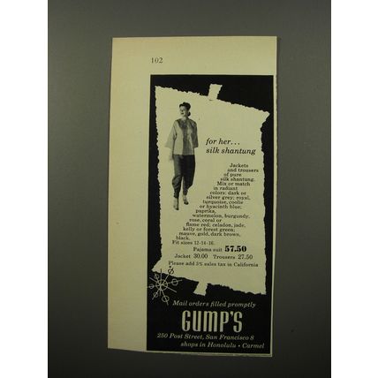 1950 Gump's Jackets and Trousers Ad - For her.. silk shantung
