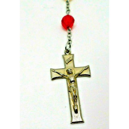 Rosary with Clear Acrylic White & Red Beads Crucifix Christ & Madonna Vtg (B80)