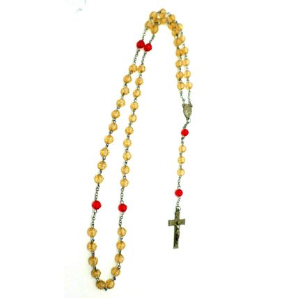 Rosary with Clear Acrylic White & Red Beads Crucifix Christ & Madonna Vtg (B80)