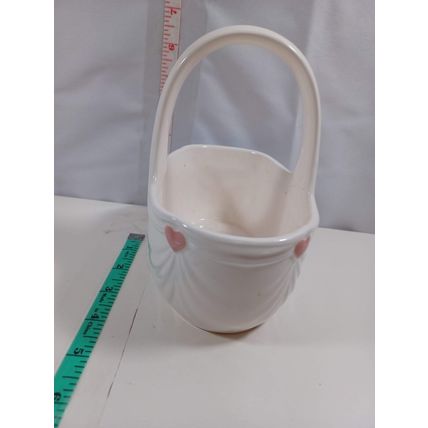 Vintage FTDA White Gathered/Draped Ceramic Basket with Handle & Pink Hearts 1985