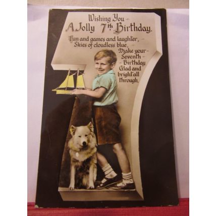 7th BIRTHDAY, used vintage postcard RP 1936 pm pond yacht, dog /