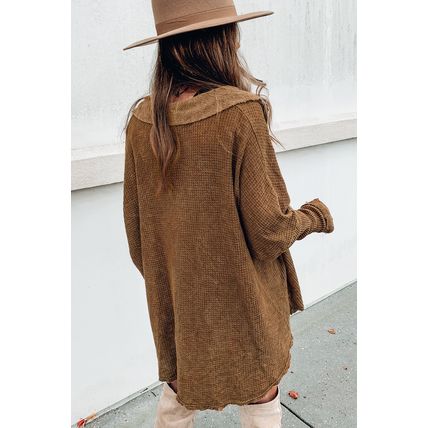 Brown Waffle Knit Buttoned Long Sleeve Top