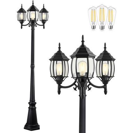PARTPHONER Outdoor Lamp Post Light 3-Head, Classic Black with Clear Glass Panels