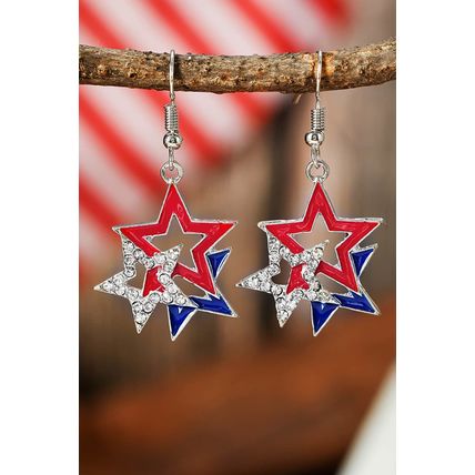 Fiery Red American Flag Rhinestone Star Dangle Earrings