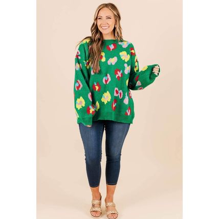 Green Plus Size Floral Knitted Ribbed Edge Drop Shoulder Sweater