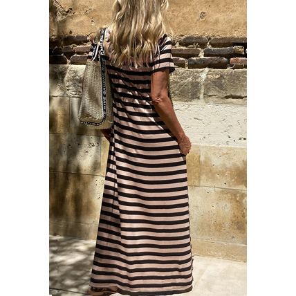 Black Stripe Casual Round Neck T-shirt Maxi Dress with Pockets