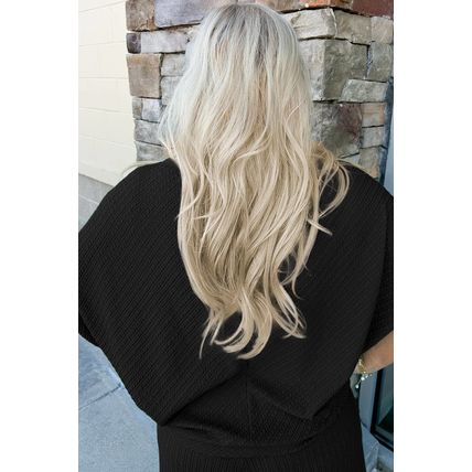 Black Textured Batwing Sleeve Tee Wide Leg Pants Plus Size Set