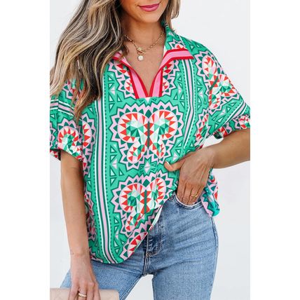Sea Green Boho Abstract Print Contrast Striped Collared V Neck Blouse