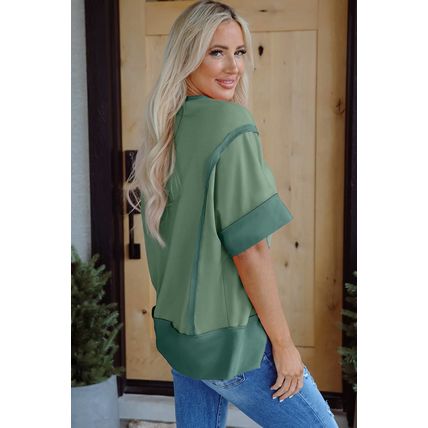 Smoke Green Half Sleeve Raw Seam High Low Side Split Top
