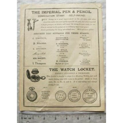 Vintage advert: Imperial Pen & Pencil combination stamp, Watch Locket & Stapling