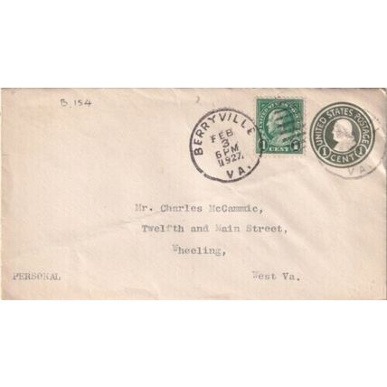 United States 1927 Berryville VA-Wheeling WVA Cover Berryville cancel typed VGC