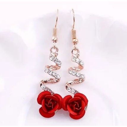 Elegant Red Rose Flower Crystal Earrings Stud Drop Dangle Women Party Jewelry