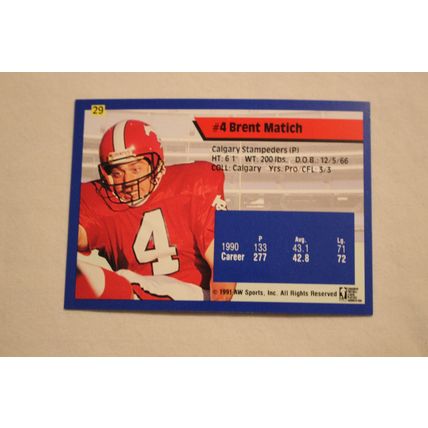 Brent Match 1991 AW Sport All-World CFL NO. 29