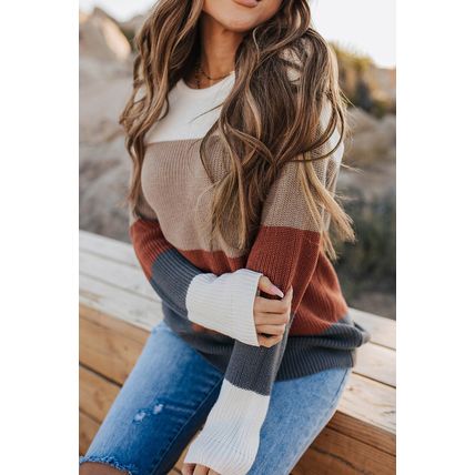 Color Block Knitted O-neck Pullover Sweater