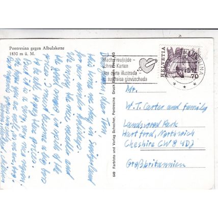 Pontresina Switzerland Postcard posted 1982 corner crease