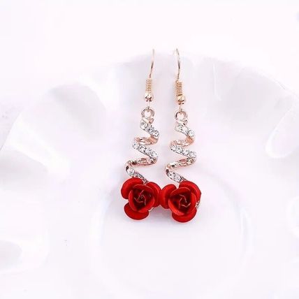 Elegant Red Rose Flower Crystal Earrings Stud Drop Dangle Women Party Jewelry