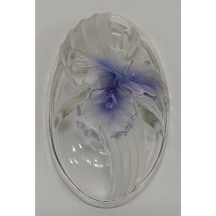 Excellent Fused Lavender Glass Crystal Dish With Purple Flower (7 X 4 X 1”)