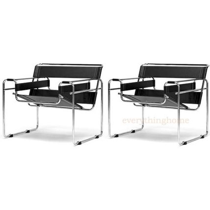 2x Black Faux Leather Strap and Chromed Steel Tubular Frame Accent Lounge Chairs