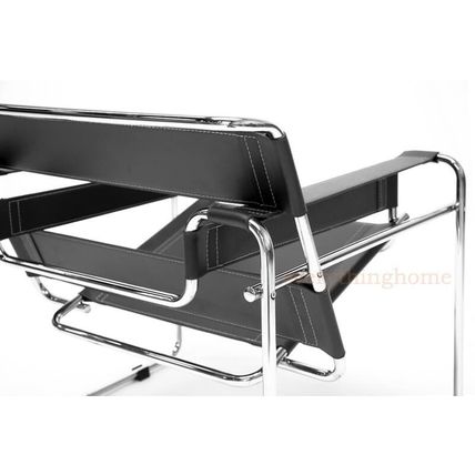 2x Black Faux Leather Strap and Chromed Steel Tubular Frame Accent Lounge Chairs