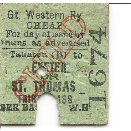 G.W.R. Edmondson Ticket - Taunton (D) to Exeter or St. Thomas