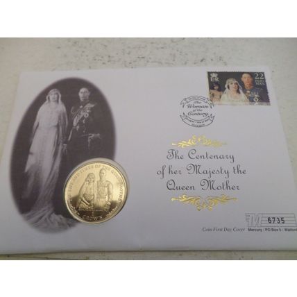 1999 Isle of Man, One Crown coin cover 100th Birthday Queen Mother-Wedding
