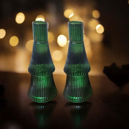 Christmas Tree Tapered Candle Holders - Set of 2 - Forest Green Glass