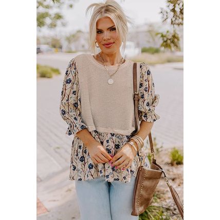 Beige Faux Two Piece Knit Patchwork Floral Print Plus Size Top