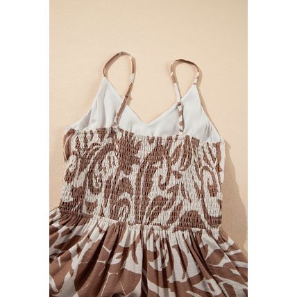 Khaki Floral Shirred High Waist Spaghetti Straps Maxi Dress