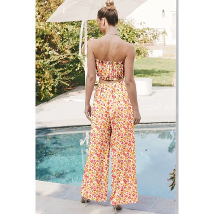 Pink Boho Floral Bandeau Top and High Waist Wide Leg Pants Set