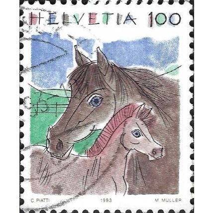 SWITZERLAND, FLOWER, HORSE, Mare and foal, brown & blue 1993, 100c