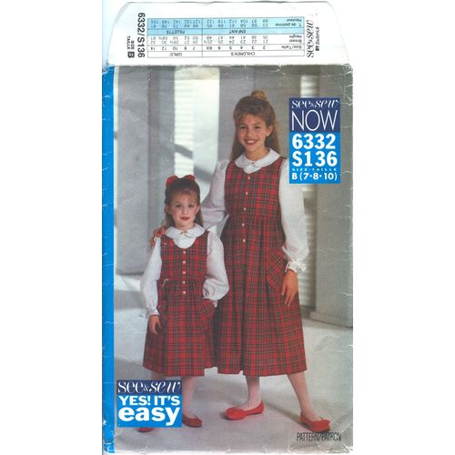 See & Sew 6332 S136 Sewing Pattern Girls Jumper & Top, Pullover Jumper Size 8 10